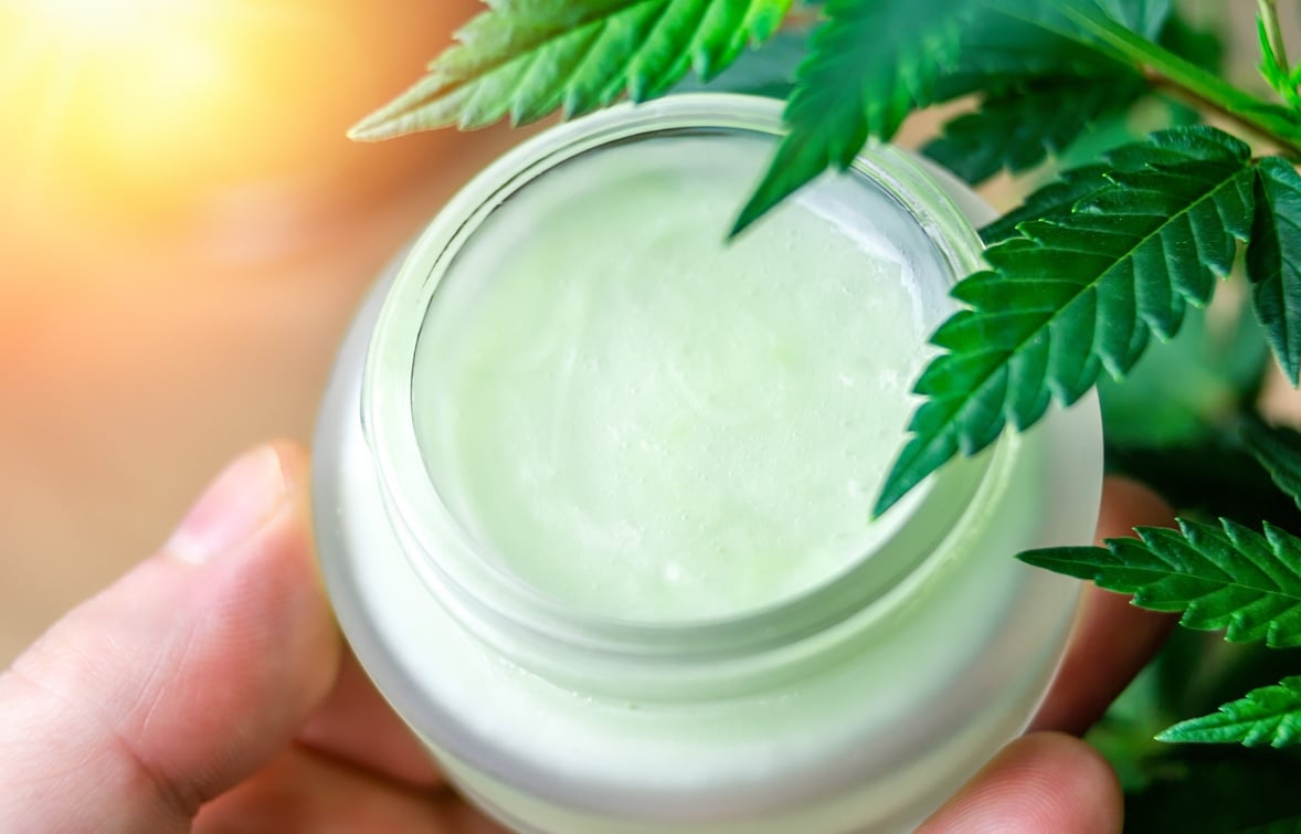 Hand holding Cannabis CBD lotion cream against Marijuana plant